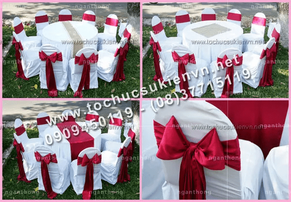 Mẫu bàn ghế đám cưới thịnh hành nhất với màu nơ ghế đỏ tượng trưng cho tình yêu nồng thắm