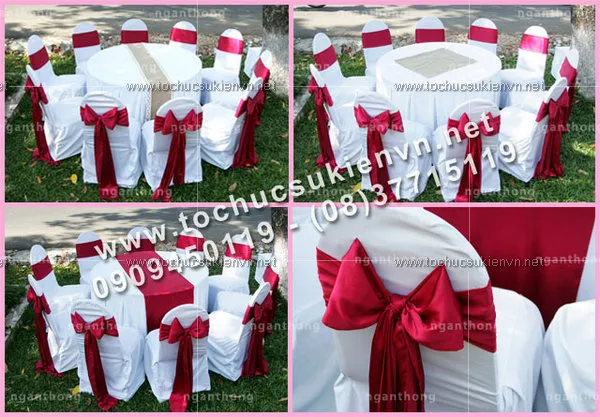 Mẫu bàn ghế đám cưới thịnh hành nhất với màu nơ ghế đỏ tượng trưng cho tình yêu nồng thắm