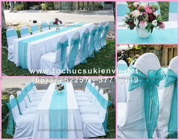 Mẫu bàn ghế đám cưới tông màu trắng nơ xanh tạo điểm nhấn thu hút